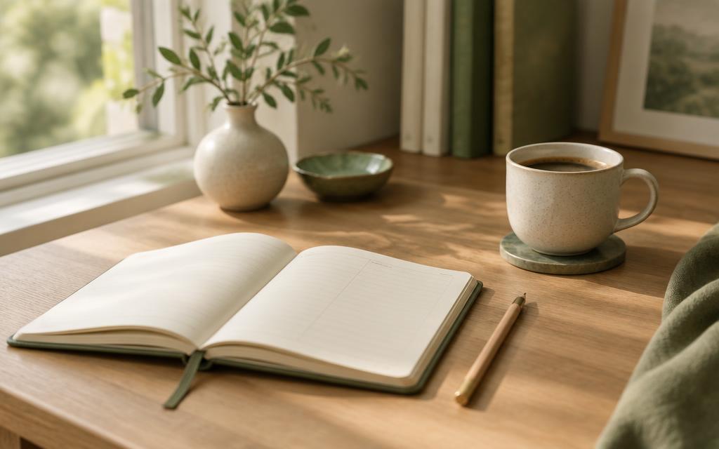 An open planner and a cup of coffee by a window