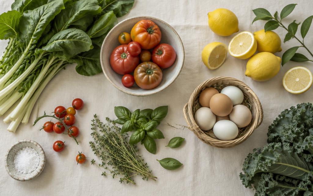 Fresh produce laid out on a linen cloth